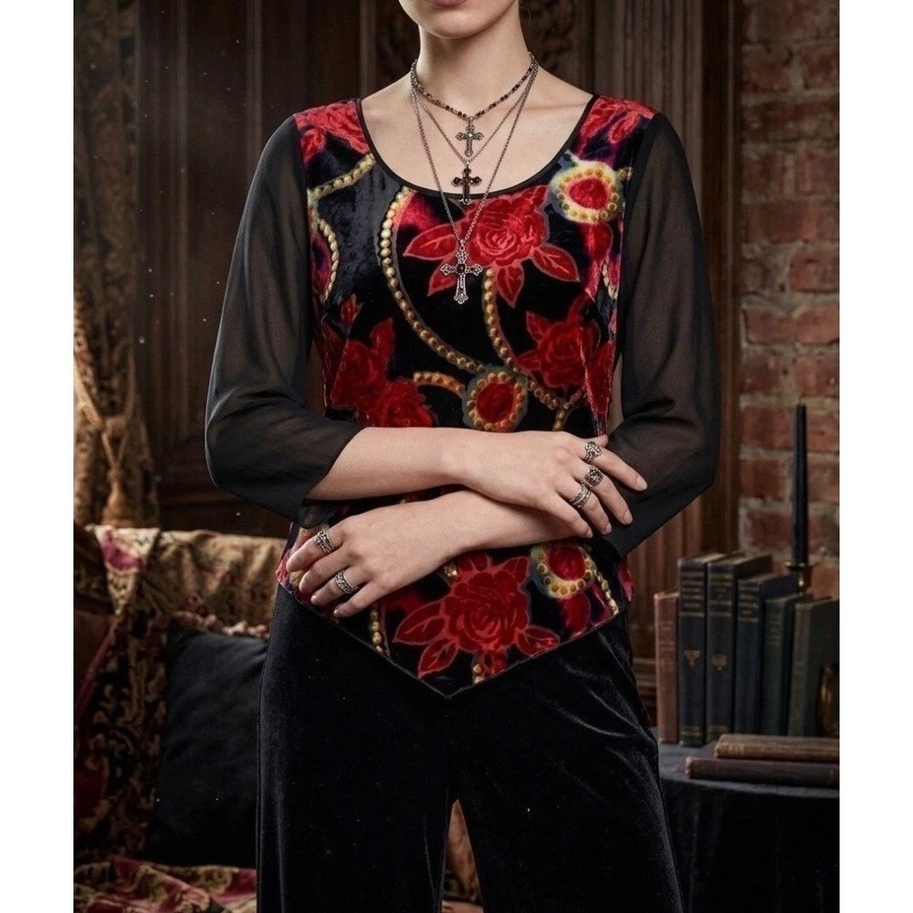 Aliki Yamani Silk Velvet Rose Chain Top Whimsigoth Dark Romance Vamp Vtg 90s